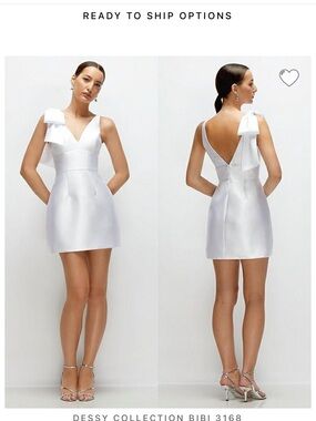 Dessy Collection White Satin V-Neck Mini Dress with Shoulder Bow Accent